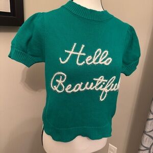 Gilli Hello Beautiful Cotton Knit Sweater Top Puff Sleeve Green Size S